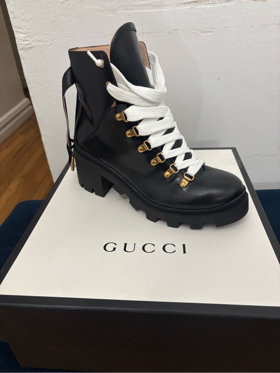 Gucci Shoes - Gucci Black Leather Lace-Up Lug Boot with White Laces